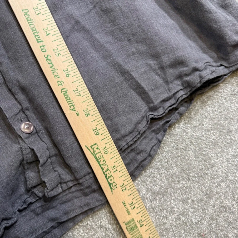 FLAX Linen Button Down Shirt Ruffle Collar Charcoal Gray Oversized L Lagenlook - Picture 11 of 11
